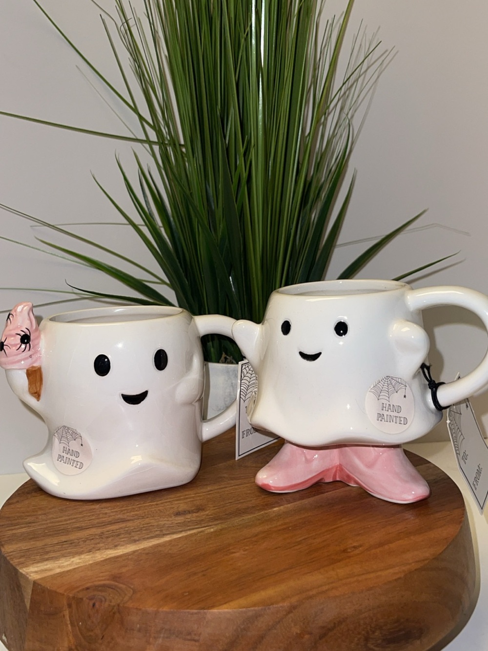 NWT Hand-Painted White Ghost Ceramic Mug with Pink Accent - Home Dining